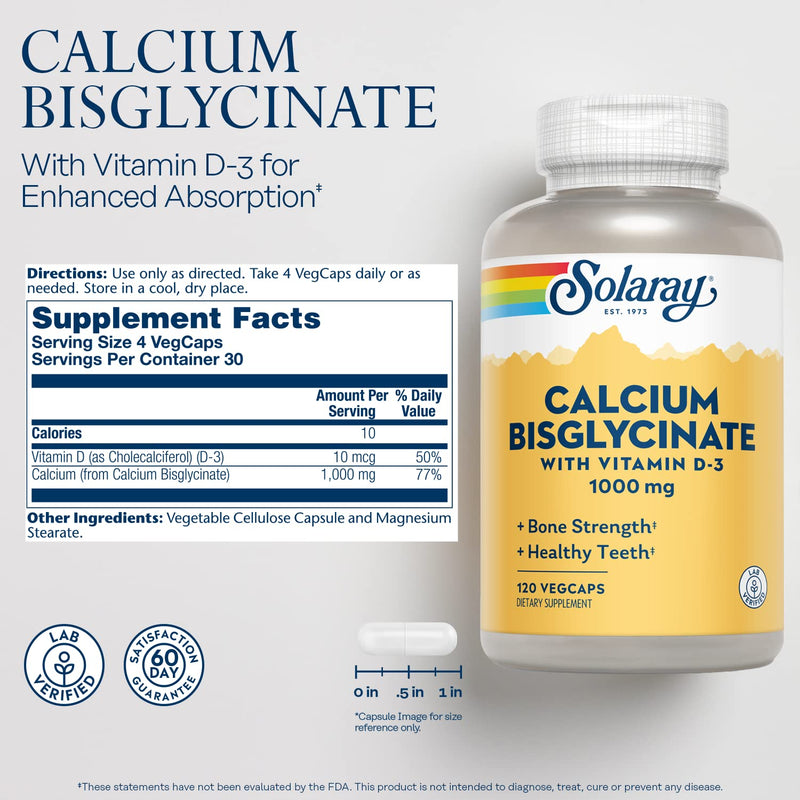 SOLARAY Calcium Bisglycinate Supplement 1000mg for Women & Men 120 Veg Caps | Calcium with Vitamin D3, Bone Strength & Teeth Health Support, Chelated Capsules, Easy to Digest