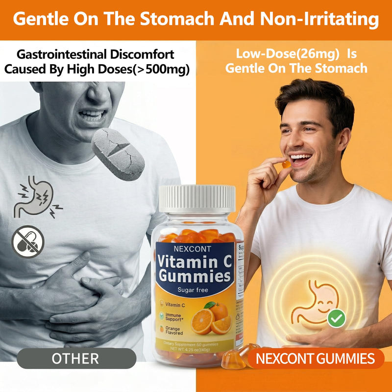 Vitamin C Gummies for Adults, Sugar Free with Orange Flavored, Vitamin C Gummies, Supports Skin Health & Immune Function, 60 Count 30-Day Supply.