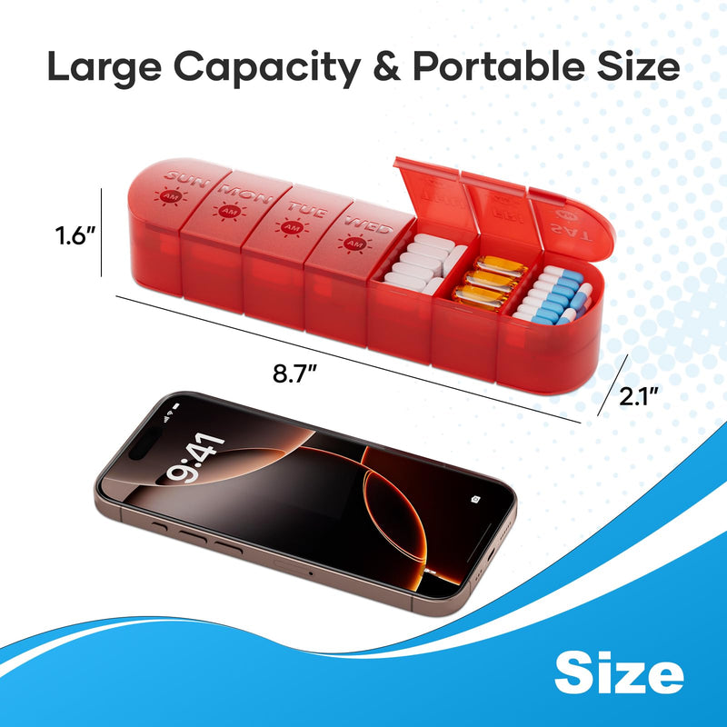 2 Layers Weekly Pill Organizer 2 Times a Day, Travel Medicine Pill Organizer, Pill Box Case 7 Day AM PM, Pill Container for Vitamins, Fish Oil, Supplements and Medication, Red