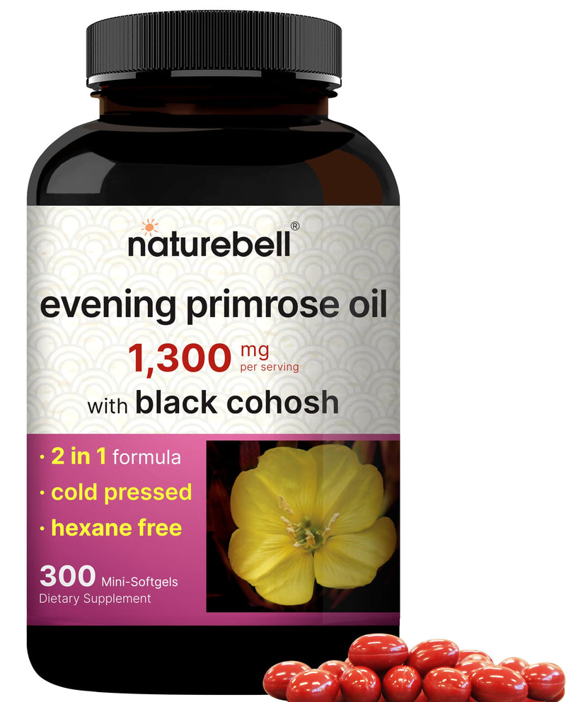 NatureBell Evening Primrose Oil with Black Cohosh, 1,300mg Per Serving, 300 Mini-Softgels | Cold Pressed Seeds, Retains 130mg GLA for Womens Health & Skin Care Support – Hexane Free, Non-GMO