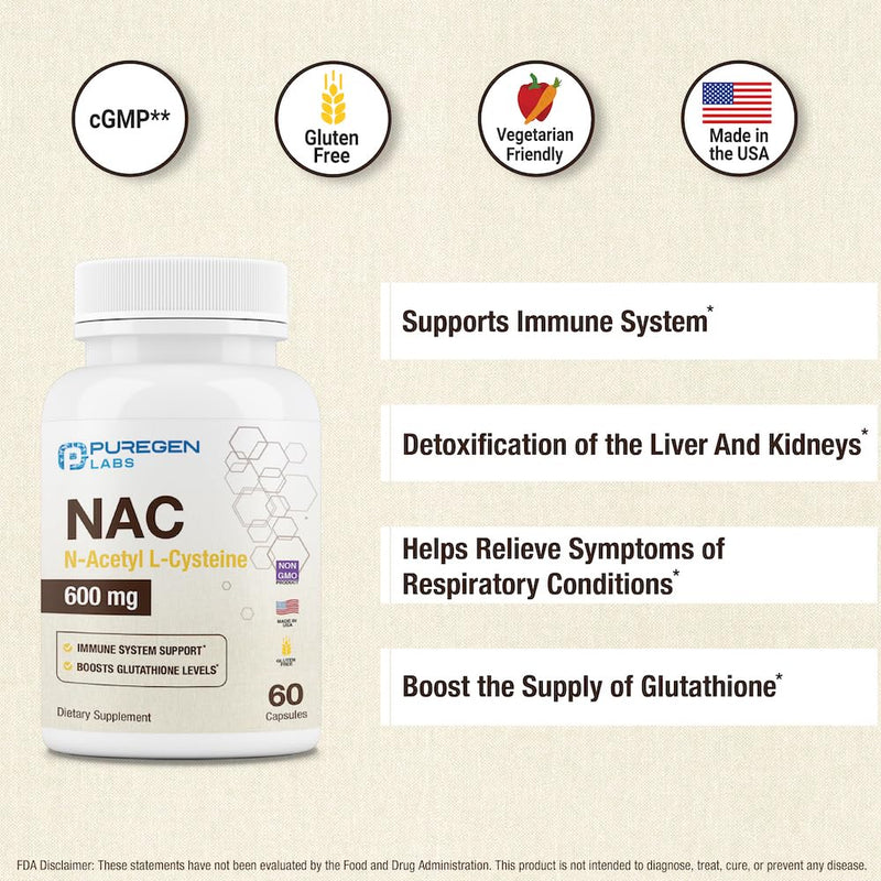 [Australia] - Puregen Labs N-Acetyl-L-Cysteine (NAC) 600mg, Supports immune, respiratory, liver health, NAC 600 mg, potent antioxidant support, free-radicals, easy to absorb - 60 Vegetarian Capsules 1 