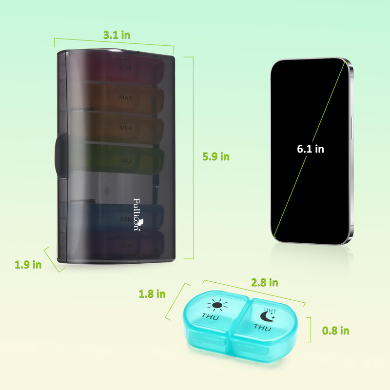 Fullicon Large Medicine Pill Organizer 2 Times a Day, AM PM 7 Day Travel | Each Compartment Holds 6 Fish Oils or 10 Vitamins, One Finger Open Lid, Double Secure Lock, Sturdy Hinges, Black Rainbow