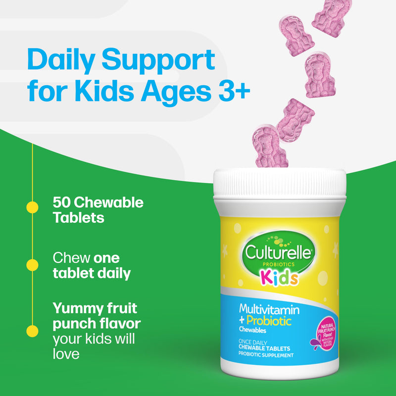Culturelle Kids Multivitamin + Probiotic Chewable, Ages 3+, 90 Count | From the #1 Pediatrician-Recommended Brand± Digestive Health, Oral & Immune Support*, 11 Vitamins & Minerals, Fruit Punch 90.0
