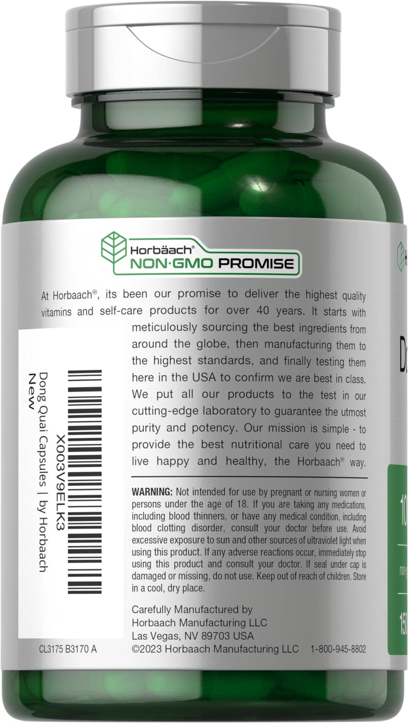 Horbäach Dong Quai Capsules | 1000mg | 150 Count | Non-GMO and Gluten Free Supplement | Traditional Herb