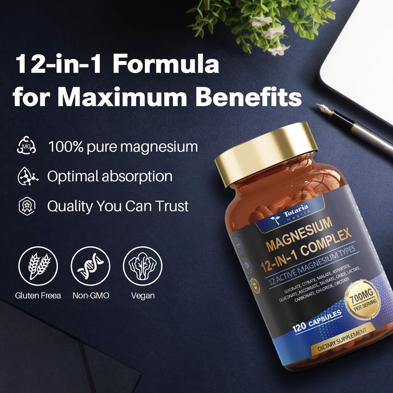 Totaria Magnesium Complex 700mg 12 in 1 Magnesium Supplement with Glycinate Citrate Malate Oxide Taurate Aspartate Orotate Magnesium Relaxation,Muscle,Heart Support, Vegan 120 Capsules 120 Count (Pack of 1)
