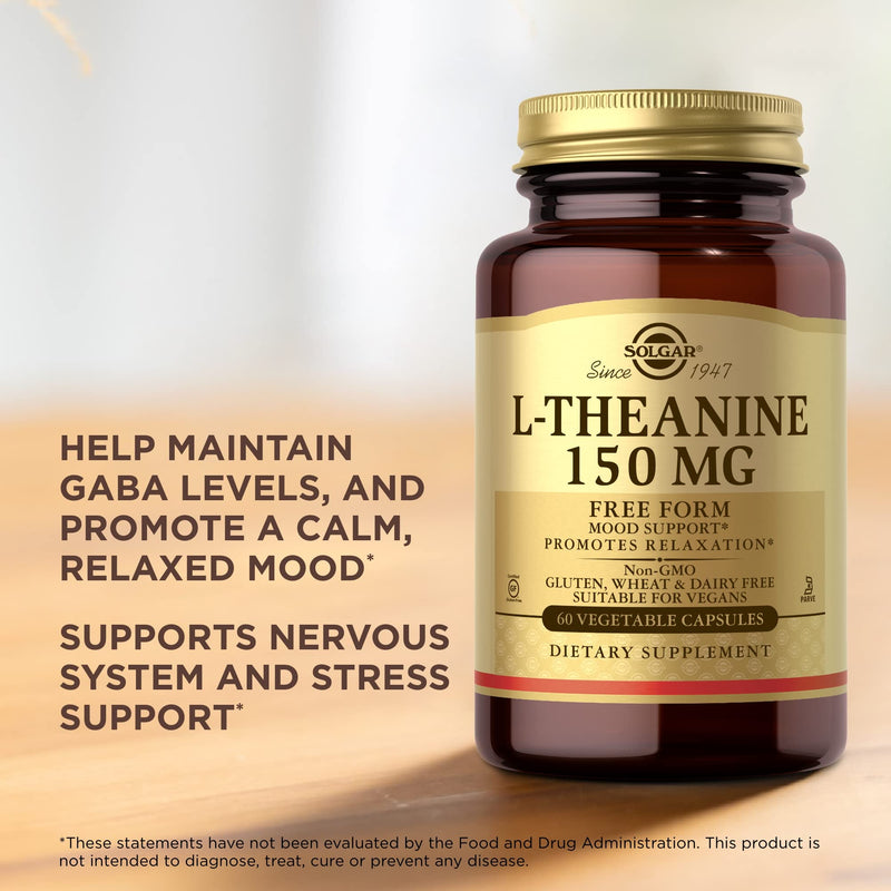 Solgar L-Theanine 150 mg - 60 Vegetable Capsules - Promotes Relaxation - Non-GMO, Vegan, Kosher & Gluten Free - 60 Servings | Amino acid present in green tea · Natural phytochemical · Promotes mental calm · Gluten free