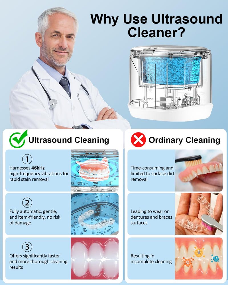 BCOM Ultrasonic Retainer Cleaner, 46Khz Jewelry Cleaner Machine for Rings | 18W Portable Dental Cleaning Pod for Braces, Night Guard, Mouthguard, Toothbrush, Denture, 220ml 304 Tank, Quiet 45 dB, White 228ml