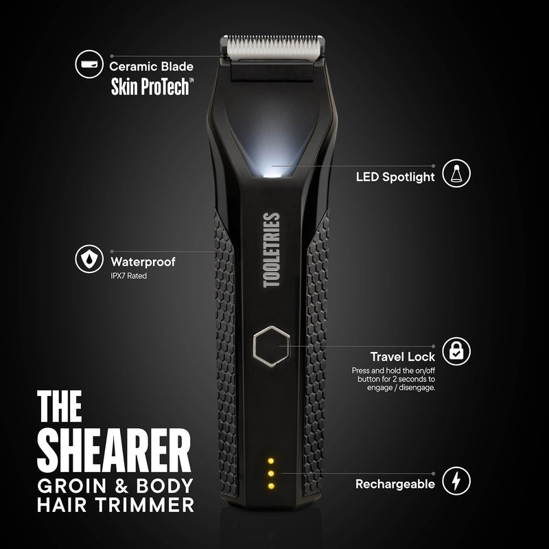 [Australia] - TOOLETRIES The Shearer - Groin & Body Hair Trimmer for Men, Electric Shaver for Pubic Hair, Balls, Groin, Chest, Legs, Waterproof Wet/Dry Clippers, Rechargeable, Bonus Shower Kit 