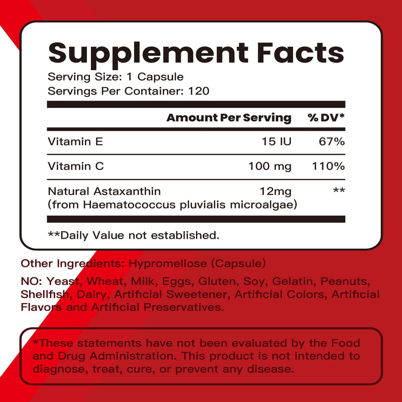 [Australia] - Astaxanthin Supplements 12mg with Vitamin E & C High Absorption Formula 120 Capsules Gluten Free, Non-GMO, Vegan 