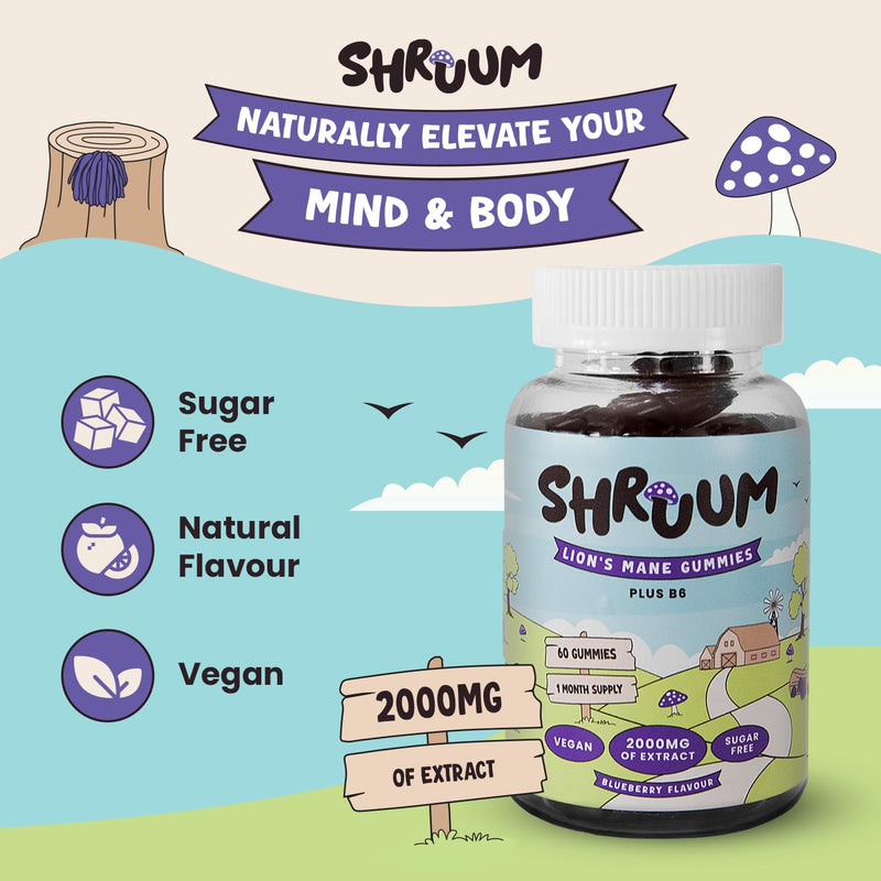 SHRUUM Lions Mane Gummies 2000mg - Mushroom Gummies for Focus & Clarity Without Caffeine - Sugar Free, Vegan, with Vitamin B6 - Blueberry - 60 Gummies (30 Day Supply)