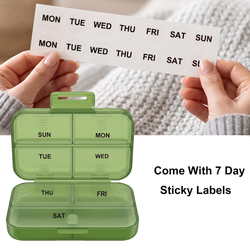 Travel Pill Organizer, Weekly Portable Medicine Case (Green) | with 7-day Stickers, Compact Size Fits Purse Pocket, for Vitamins and Medication Daily Green
