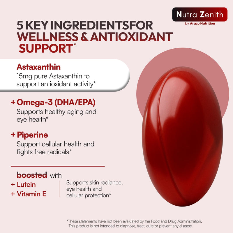 Astaxanthin Supplement with Omega-3, Vitamin E & Lutein – 60 Capsules for Super Antioxidant Support, Energy Boost, Mental Clarity & Eye/Skin Care – Triple-Action Formula (Powerful Antioxidant Complex)