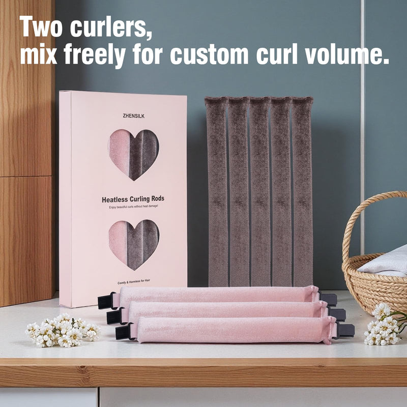 Heatless Curls Overnight Rods Set – 8PCS Flexible Heatless Curling Rods for Long & Short Hair, Soft No Heat Hair Curler Blowout Styling Tools for Loose Waves or Tight Curls 3*Pink 5*Brown