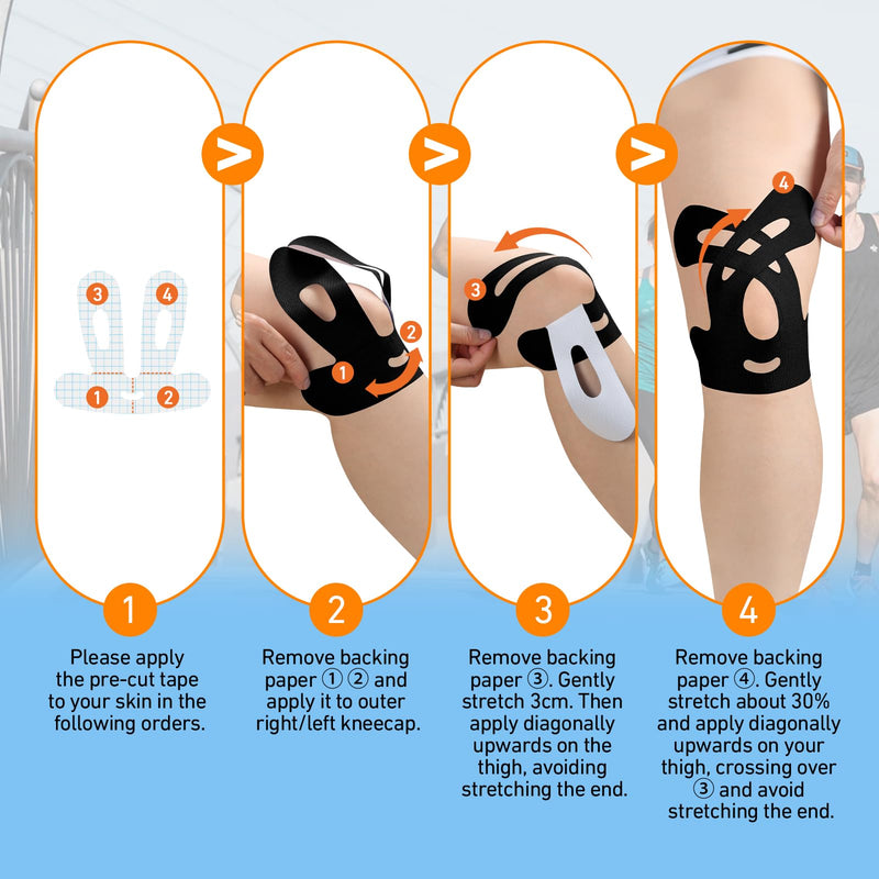 Precut Kinesiology Tape for Knees, 12PCS Knee Tape for Knee Pain Relief&Stability, 20% Stronger Adhesive Athletic Sports Tape for Running, KTQUICK Waterproof Breathable Cotton, Latex-Free Knee(Black)