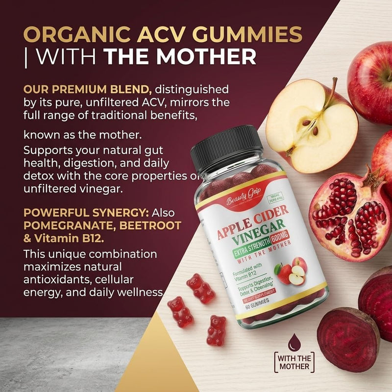 Apple Cider Vinegar Gummies with The Mother | Organic ACV, Pomegranate, Beetroot & B12, Digestive, Detox & Energy Support, Vegan, Halal