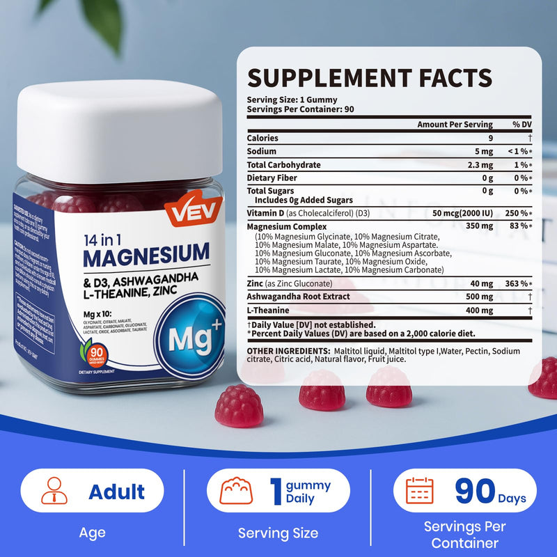 [Australia] - VEV Magnesium Complex DeepCalm 14-in-1 Gummies ‚Äì with Ashwagandha, L-Theanine, D3 & Zinc ‚Äì Cortisol Supplements for Women ‚Äì 90 Sugar-Free Vegan Magnesium Glycinate Complex Gummies Purple 