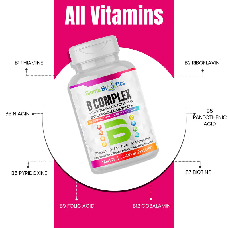 8 B Complex Vitamins, B12, Vitamin C - Folic Acid, Biotin, Choline, Magnesium, B1, B2, B3, B5, B6 Vitamins - Vegan & Gluten Free - 90 Tablets - One Per Day - 3 Months Supply