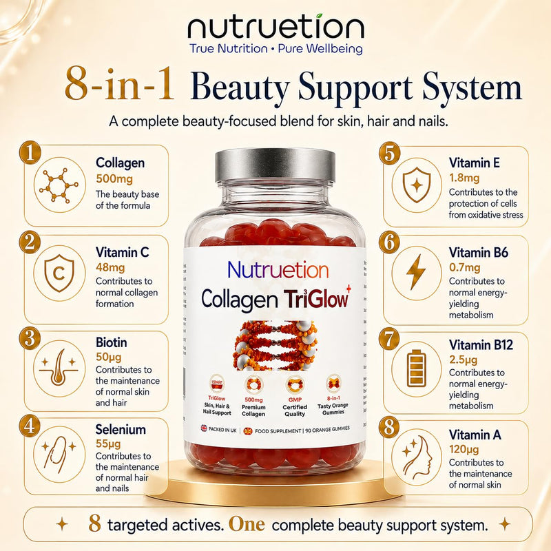 Bovine Collagen Gummies | TriGlow+ 8-in-1 Beauty Complex | 500mg Hydrolysed Bovine Collagen with Vitamin C, Biotin & Selenium | Skin, Hair & Nails Support | 90 Orange Gummies