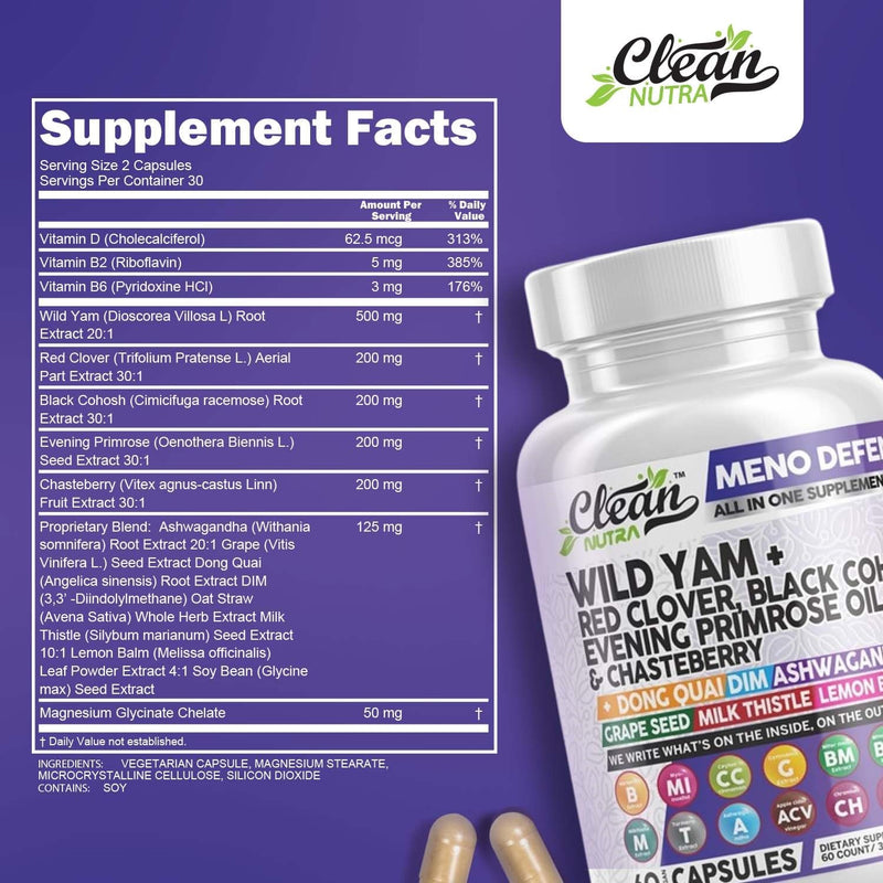 [Australia] - Clean Nutra Wild Yam Root Capsules with Red Clover Black Cohosh Evening Primrose Oil Chasteberry Dong Quai DIM Ashwagandha Grape Seed Extract Milk Thistle Lemon Balm and more Hormone Balance For Women 