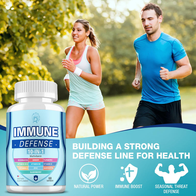 Immune Support Supplement, 10-in-1 Immune Defence with Vitamin C,B6,B12,VIT D, Zinc, Echinacea Turmeric Elderberry Immune Boosters for Adult - 120 Capsules(2 Pack)