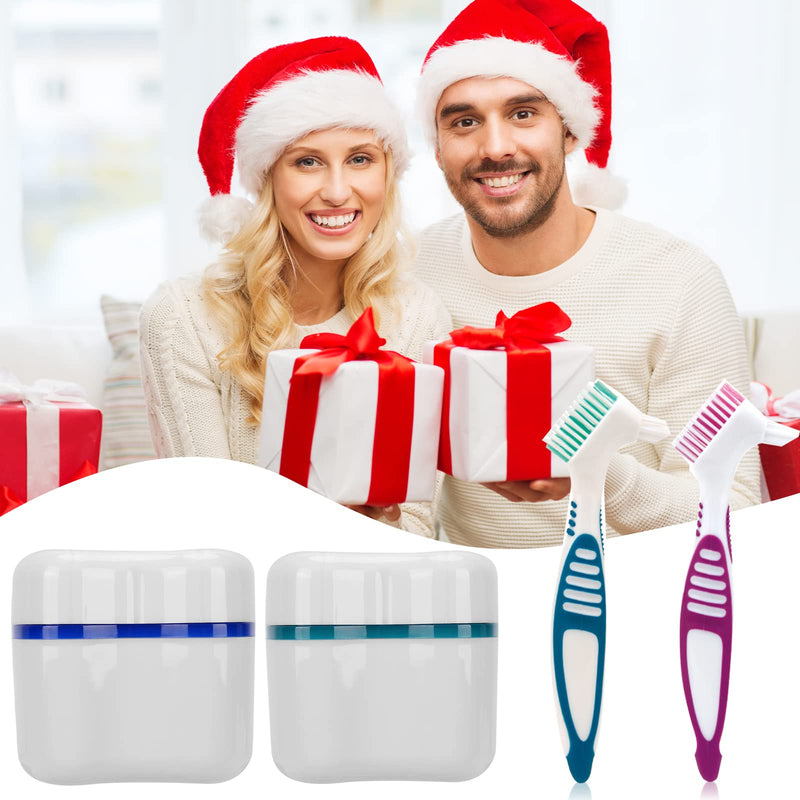 [Australia] - Denture Bath Cup and Brush Set - 2pcs Denture Case with Basket + 2pcs Denture Brush Portable Denture Storage Box Premium Hygiene Brushes for Oral Care 