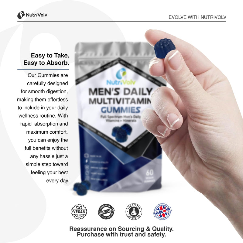 Men's Multivitamin Gummies | 60 Vegan Gummies | Vitamins A C D3 E B6 B12, Zinc, Selenium & Lycopene | Energy, Immune & Men's Wellness | Sugar Free | Blue Raspberry Flavour | UK Made | by NutriVolv