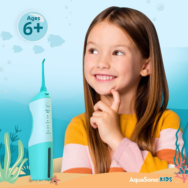 [Australia] - AquaSonic Kids' Water Flosser for Ages 6+ | Standard Nozzle, Orthodontic Nozzle & Waterproof Stickers | 4 Flossing Modes | Aquarium Adventures Theme (Blue) Blue 