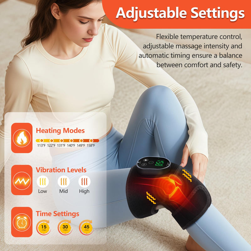 Cordless Heated Knee Massager, Knee Heating Pad for Pain Relief, Heated Knee Massager Brace with 6 Heating Levels, 3 Vibration and Timing Modes