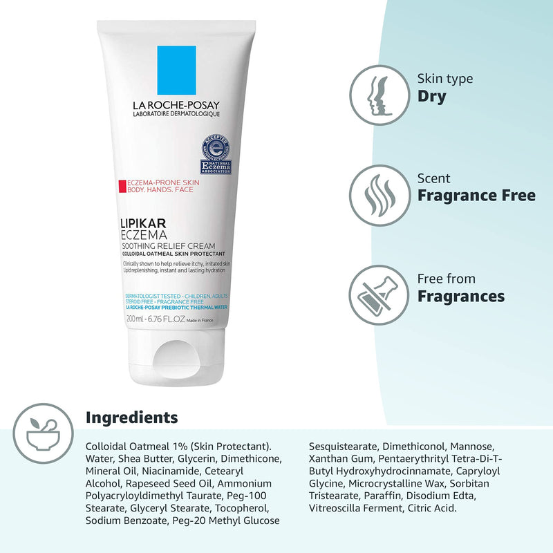 La Roche-Posay Lipikar Soothing Relief Eczema Cream, Sensitive Skin 6.8oz | Face & body lotion for eczema, dry, sensitive skin with colloidal oatmeal. Soothes and relieves irritation. 6.8 Fl Oz (Pack of 1)