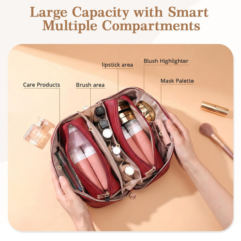 Travel Makeup Bag Organizer for Women: 3-in-1 Large Capacity Cosmetics Bag | Vegan Leather Flat Open Toiletry Bag with 2 Removable Skincare Pouch - Portable Travel Essentials for Full-Sized Bottles B05-Red