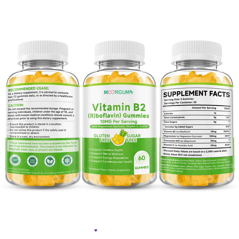 Vitamin B2 Gummies, 10mg Riboflavin Supplement for Kids & Adults, with Magnesium Glycinate, CoQ10 and Vitamina C, for Women and Men, Energy, Immune Wellness & Cellular Health Support, 120 Count 30 Count (Pack of 2)