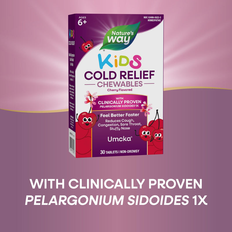 [Australia] - Nature‚Äôs Way Kids Cold Relief Chewables, Umcka, Ages 6+, Shortens Duration and Reduces Severity, Multi-Symptom Cold Relief, Non-Drowsy, Cherry Flavored, 30 Tablets 