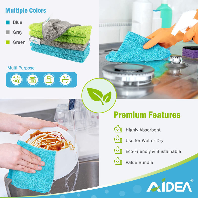 [Australia] - AIDEA Microfiber Cleaning Cloths-8PK, Soft Absorbent Microfiber Cloth, Lint-Free Streak-Free Cleaning Towels for Cars, House, Kitchen, Window(12in.x16in.)—8PK Blue/Green/Grey 8PK 