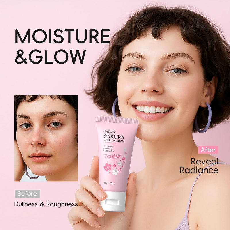 Facial Moisturizer Tone-up Cream, Japan Sakura Lazy Face Cream with Vitamin C, Face Moisturizer Hydrating & Smooth Dry Skin Lightweight Nourishing Facial Skin Instant Tone-Up Cream, 1.76 fl.oz