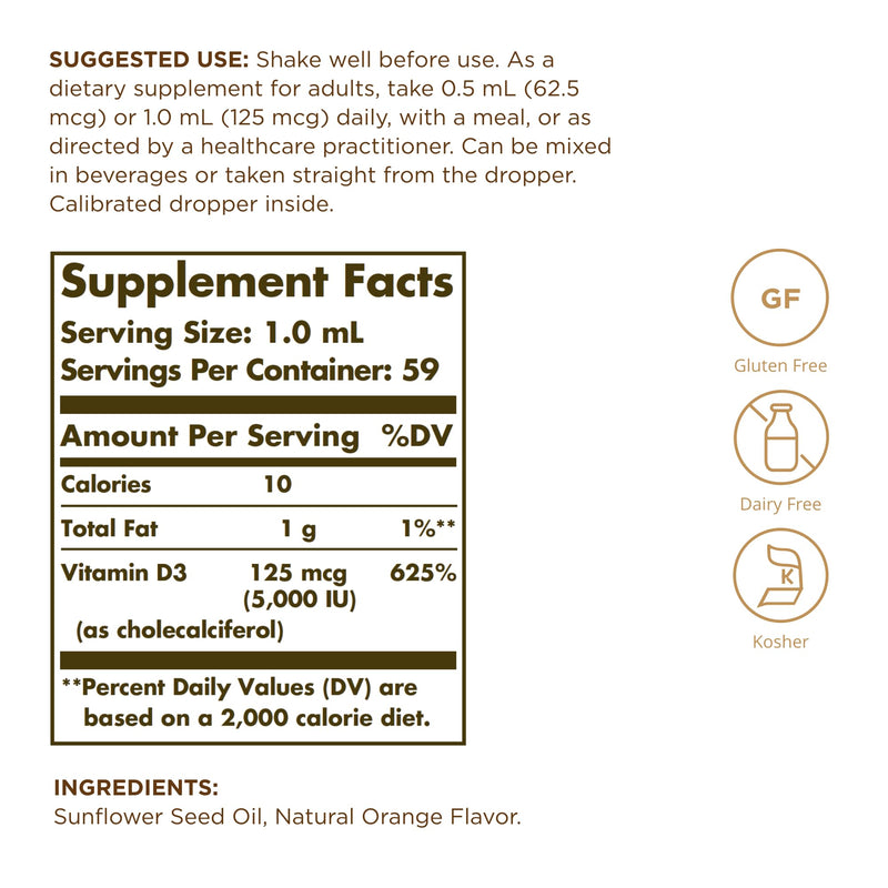 Solgar Liquid Vitamin D3 125 mcg (5,000 IU) - 2 fl oz, Pack of 2 - Natural Orange Flavor - Helps Maintain Healthy Bones & Teeth - Immune System Support - Gluten & Dairy Free - 118 Total Servings
