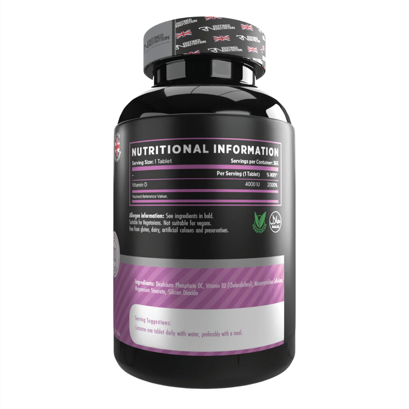 Refined Nutrition Ultra Vitamin D3 4000 IU | 365 Tablets for a 1 Year Supply | High Strength Supplement for Immune System & Muscle Function | Halal & Vegetarian | Made in UK