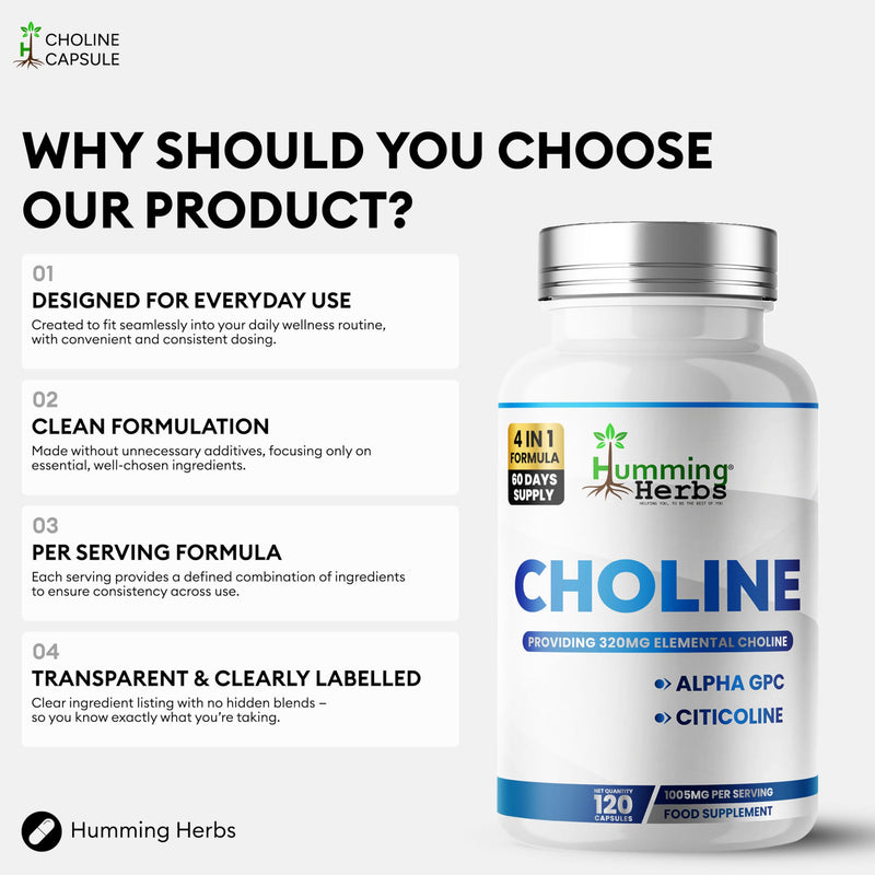 Humming Herbs Choline Complex 320mg Elemental from Alpha GPC & Citicoline | 120 Vegan Capsules | 60-Day Supply | Food Supplement