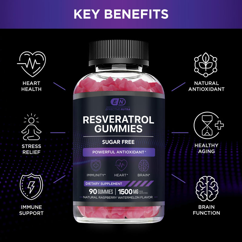 [Australia] - Resveratrol Gummies 1500mg - Sugar Free Resveratrol Supplement for Antioxidant Support, Immunity, Heart Health, Brain Function - Natural Raspberry Watermelon Flavor (90 Count) 