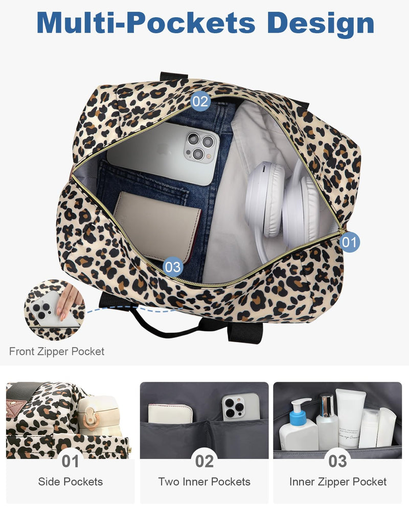Pritent Travel Duffle Bag, Weekender Overnight Personal Item Carry On Bag | Waterproof, Duffel Bag, with Toiletry Bag, Removable Strap, Hospital Bag for Labor Delivery, Airplane Travel, Gym Large Leopard