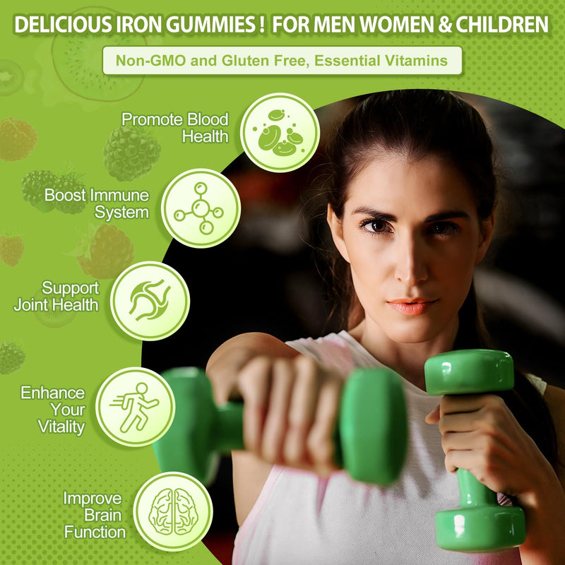Iron Gummies for Women Men 65mg Iron & Vitamin C 250mg with B6 B12 Folate | 65mg Iron, Vitamin C 250mg, B6, B12, Folate, Energy Support for Iron Deficiency, Anemia Raspberry Kiwi & Blackberry 60 Count (Pack of 2)