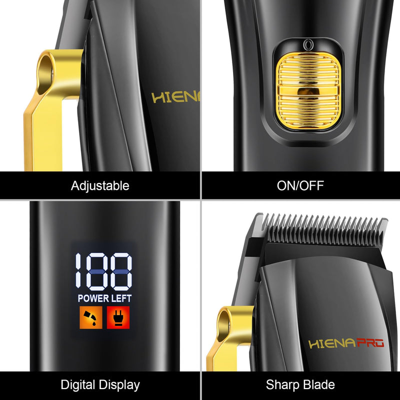 [Australia] - HIENA PRO Professional Hair Clippers and T-Blade Trimmer Kit for Men Cordless Complete Barber Kit Hair Cutting Kit Haircut Set with LED Display & USB Rechargeable (Black) 