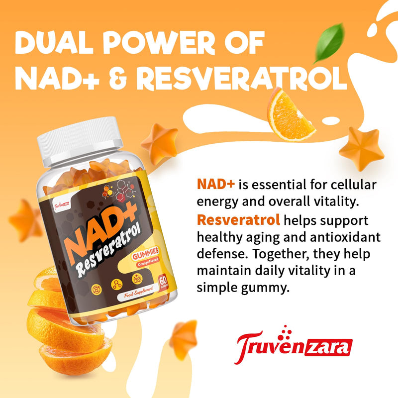 NAD+ Resveratrol Gummies 1310mg, High Absorption Formula with TMG, Hydrolysed Marine Collagen & Black Pepper Extract, NAD+ Supplement for Energy & Anti-Aging, Orange Flavour, 60 Gummies 60 count (Pack of 1)