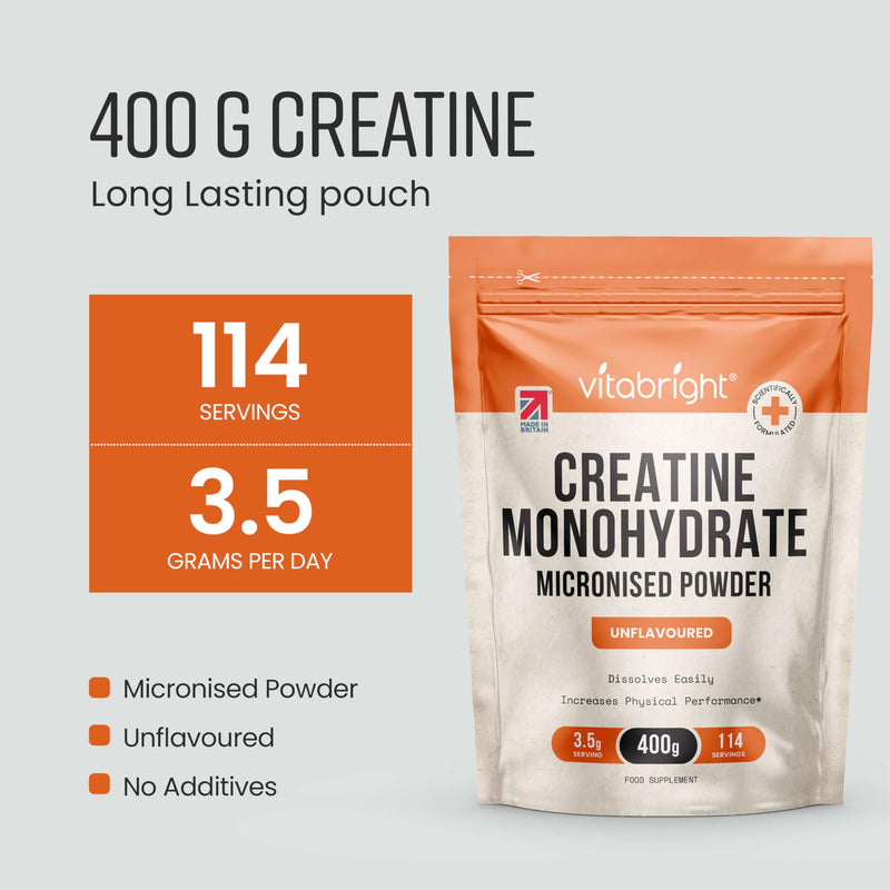Creatine Monohydrate Powder Micronised | 400g Pouch | 114 Servings | 200 Mesh Easy Dissolving Pure Powder
