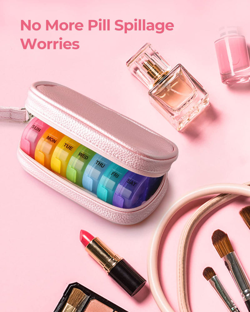 [Australia] - Cute Pill Organizer 2 Times a Day, PU Leather Pill Case for Women, Portable Weekly Pill Box for Purse with Storage Bag to Hold Vitamins/Medications/Fish Oils/Supplements, Pink 01-pink 