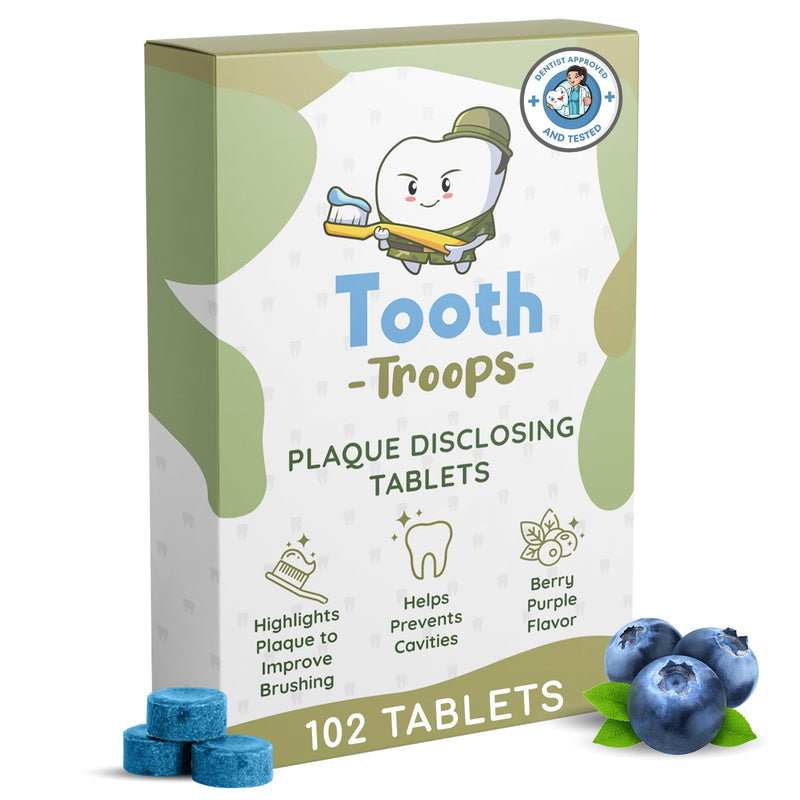 Plaque Disclosing Tablets for Kids & Adults. 102 Count. Blueberry Flavor. Tested and Created by Dentists. Plaque Tablets Help Build Healthy Brushing Habits.