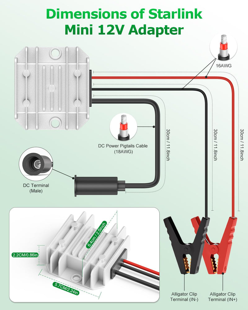 Starlink Mini 12V Battery Adapter with Step Up Converter 12V-24V to 30V | Smart Boost Starlink Mini 12V Power Supply with Alligator Clips,Waterproof IP65, Ideal for Travel RV Accessories Truck Car