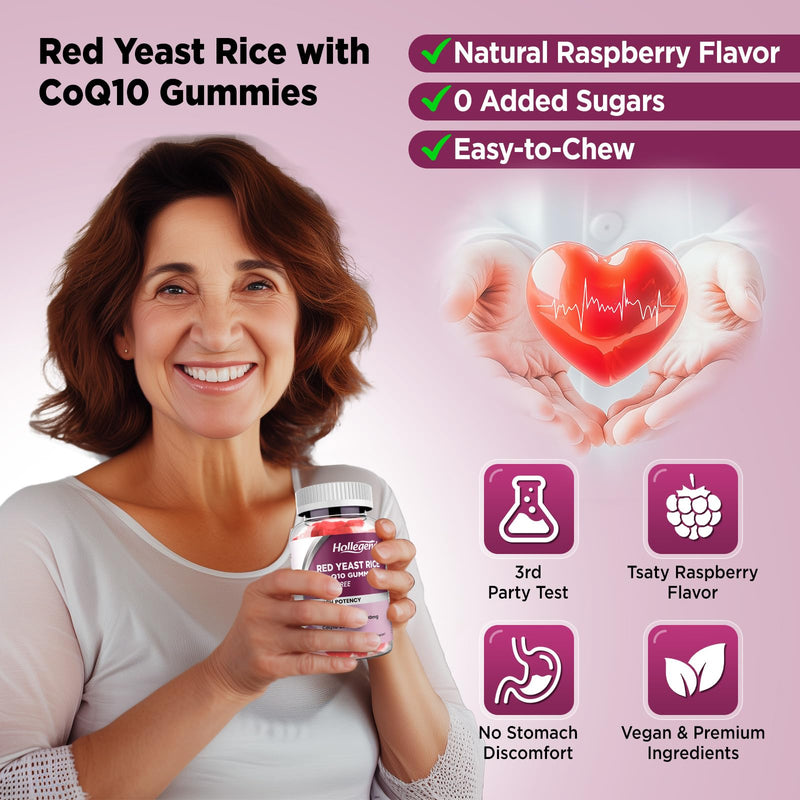[Australia] - Red Yeast Rice with Coq10 Gummies Sugar Free, Organic Red Yeast Rice 2400mg for Cholesterol Lowering Supplements, Enhanced with Coenzyme Q10 200mg for Heart Health Support, 60 Counts 