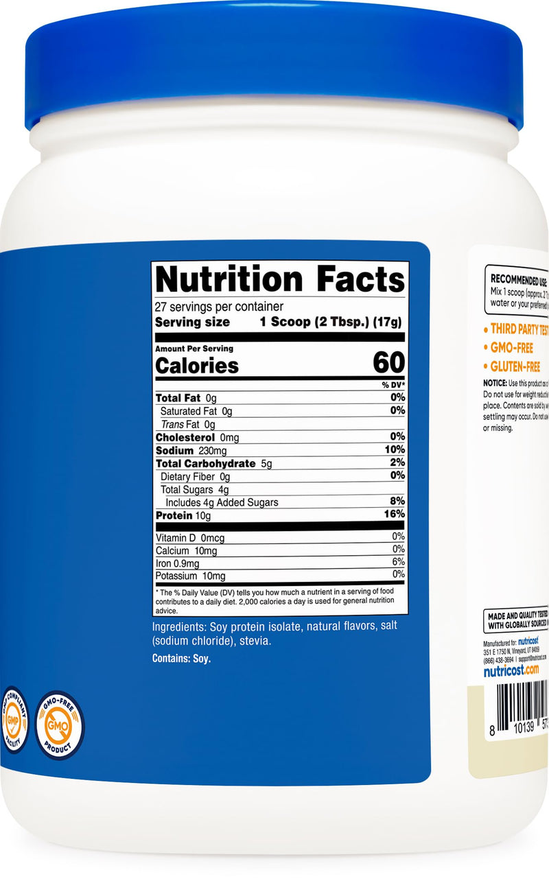 [Australia] - Nutricost Soy Protein Isolate Powder, 1 LB Vanilla - 10 Grams of Protein Per Serving, Vegan, GMO-Free & Gluten Free 