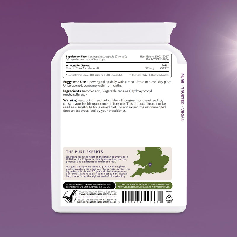 Vitamin C 600mg | Pure Ascorbic Acid for Immune System Support | 60 Vegan Friendly Capsules UK Made | 2 Month Supply | 1 Capsule Daily (High Strength)