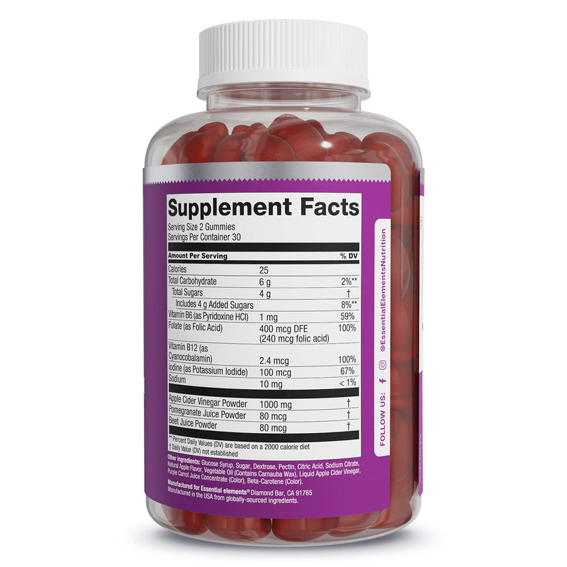 Essential Elements Apple Cider Vinegar Gummies from The Mother - Naturally-Sourced, Vegan ACV with Folic Acid and Vitamin B6 & B12 (2 Pack) Red Apple 60 Count (Pack of 2)